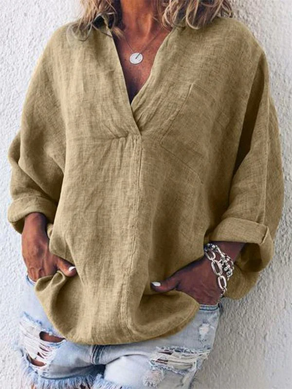 Women V Neck Thin Summer Linen Plus Size Casual Loose Tops - Image 4