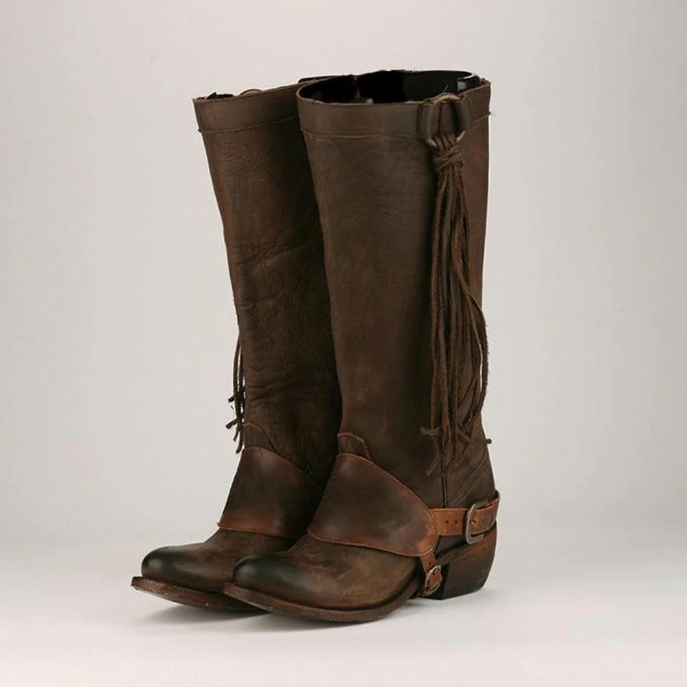 Women Vintage Tassel Knot Knee High Boots - Image 2