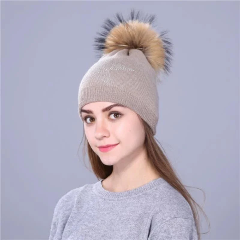 Women Wool Fox Fur Poms Warm Knitted Casual Hat - Image 3