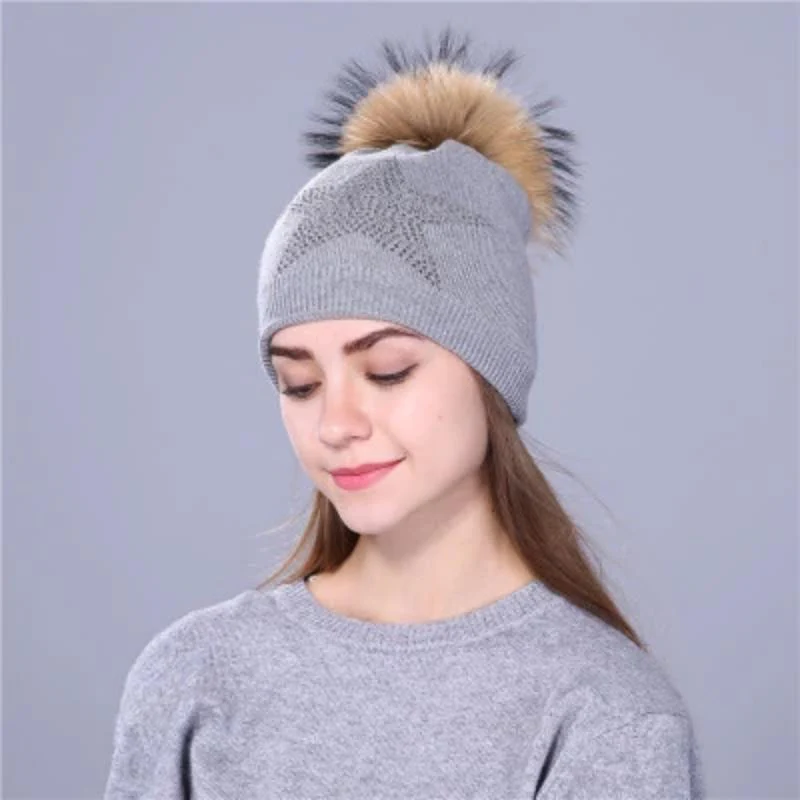 Women Wool Fox Fur Poms Warm Knitted Casual Hat - Image 4
