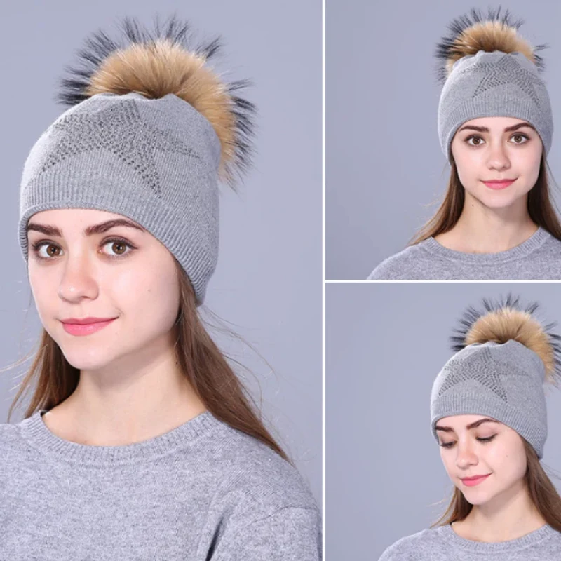 Women Wool Fox Fur Poms Warm Knitted Casual Hat - Image 5