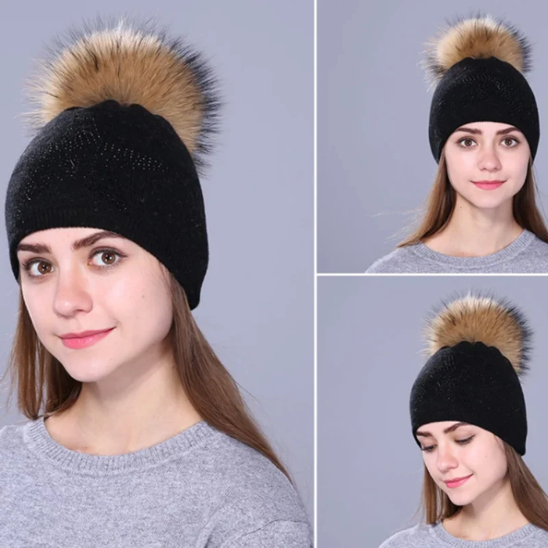 Women Wool Fox Fur Poms Warm Knitted Casual Hat - Image 6