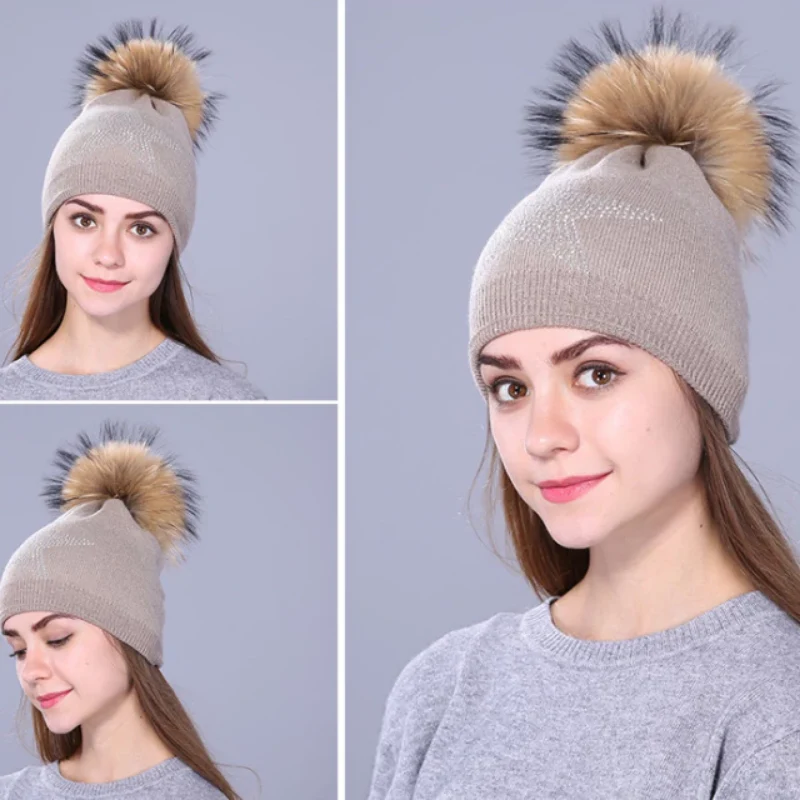 Women Wool Fox Fur Poms Warm Knitted Casual Hat - Image 7