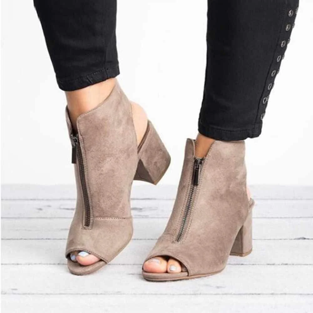 Women Zipper Peep Toe Square High Heel Shoes - Image 2