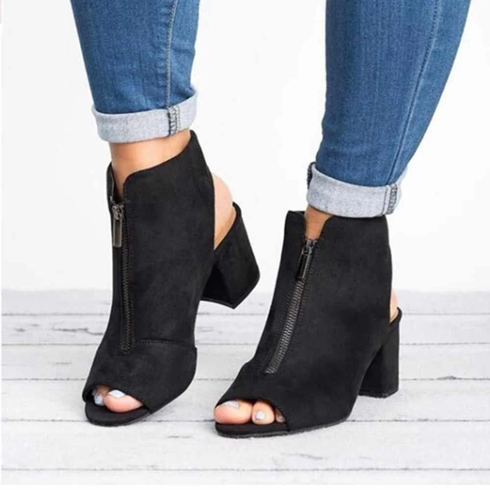 Women Zipper Peep Toe Square High Heel Shoes - Image 3