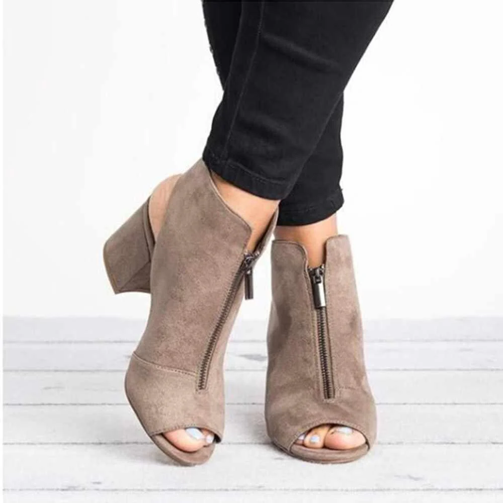 Women Zipper Peep Toe Square High Heel Shoes - Image 4