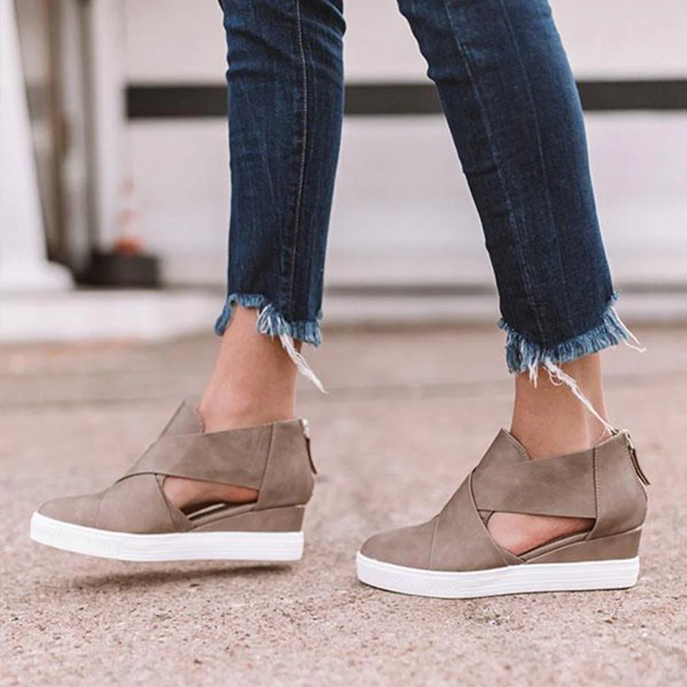 Women's Cut-Out Wedge Sneakers Back Zipper Shoes - Image 2