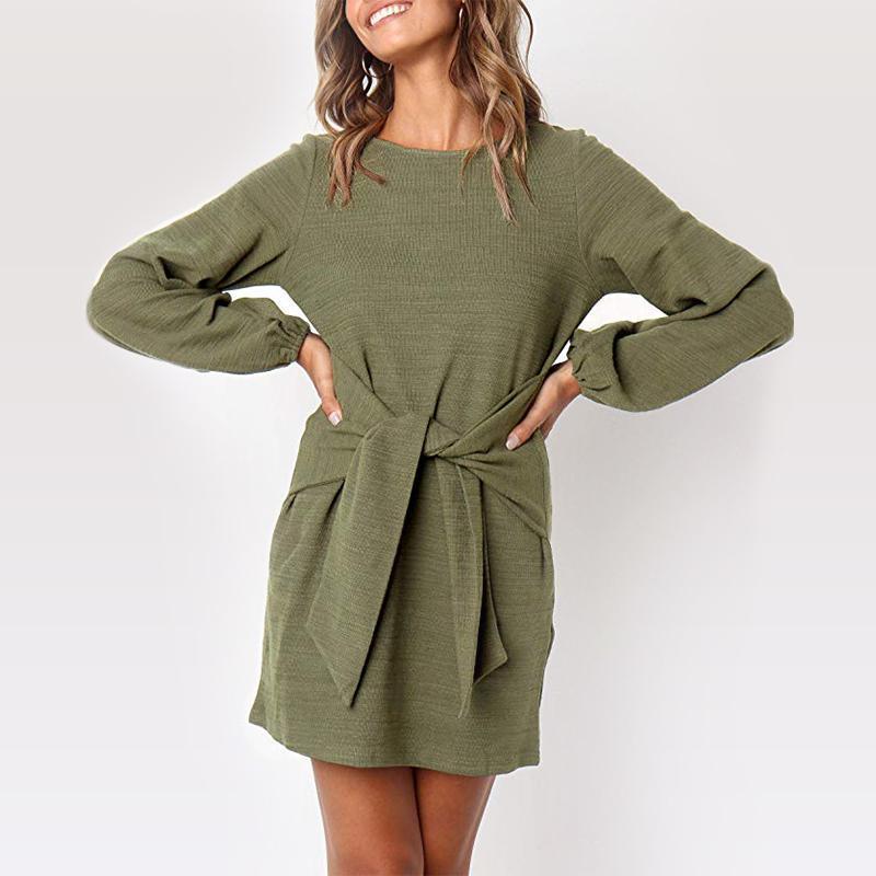 Women's Elegant Knitted Bodycon Tie Waist Sweater Pencil Dress - Image 6