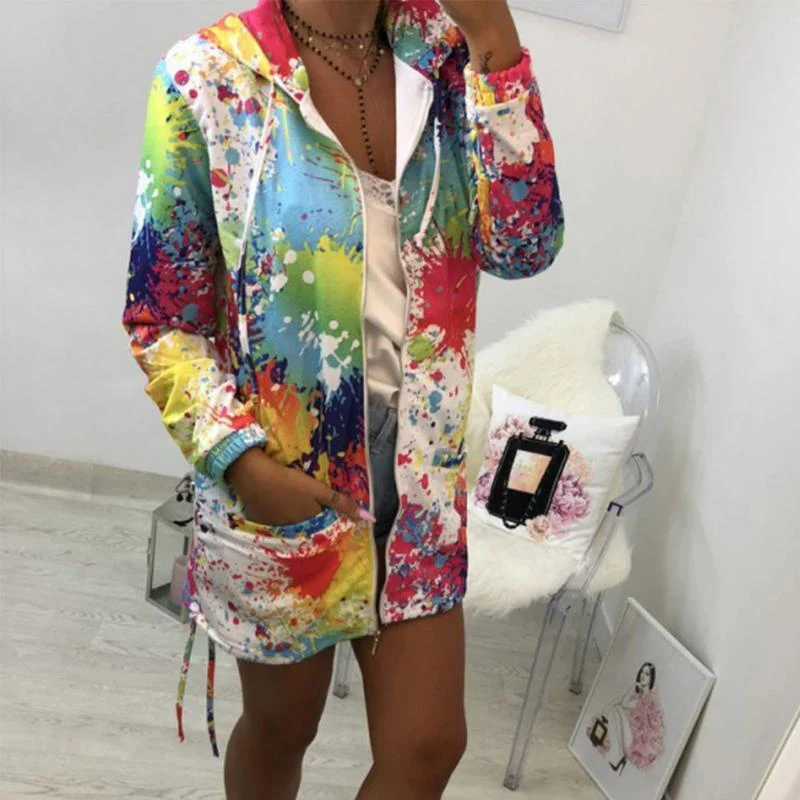 Womens Tie dyeing Print Feminino Casual Pockets Overcoat - Image 3