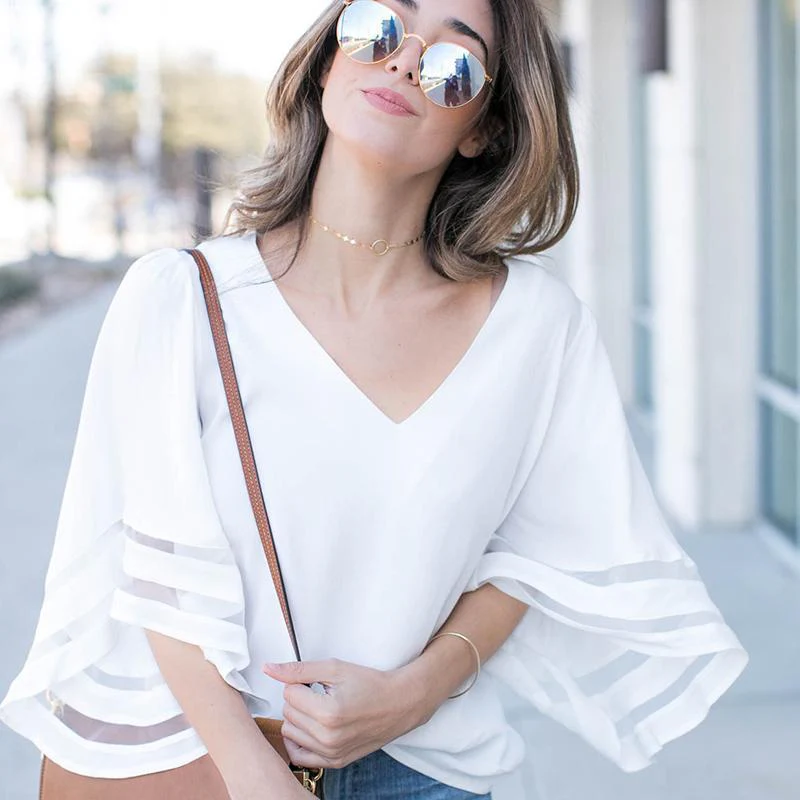 Women's V Neck Mesh Panel Blouse - Image 7